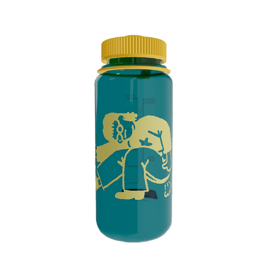 Teal water bottle with yellow lid and graphic design